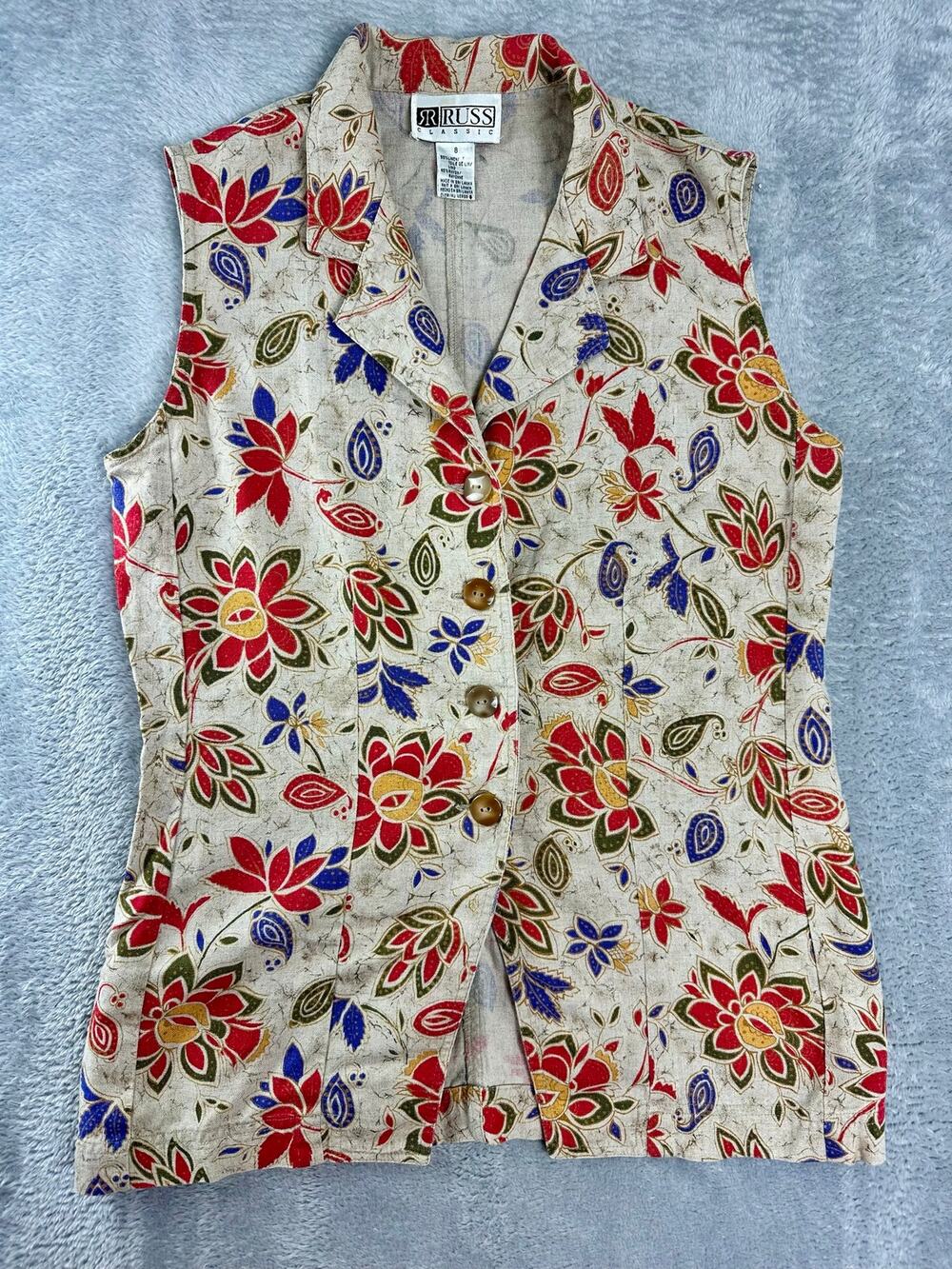 Vintage 90s Floral Linen Vest Size 8 Medium Cottagecore Boho Academia Retro